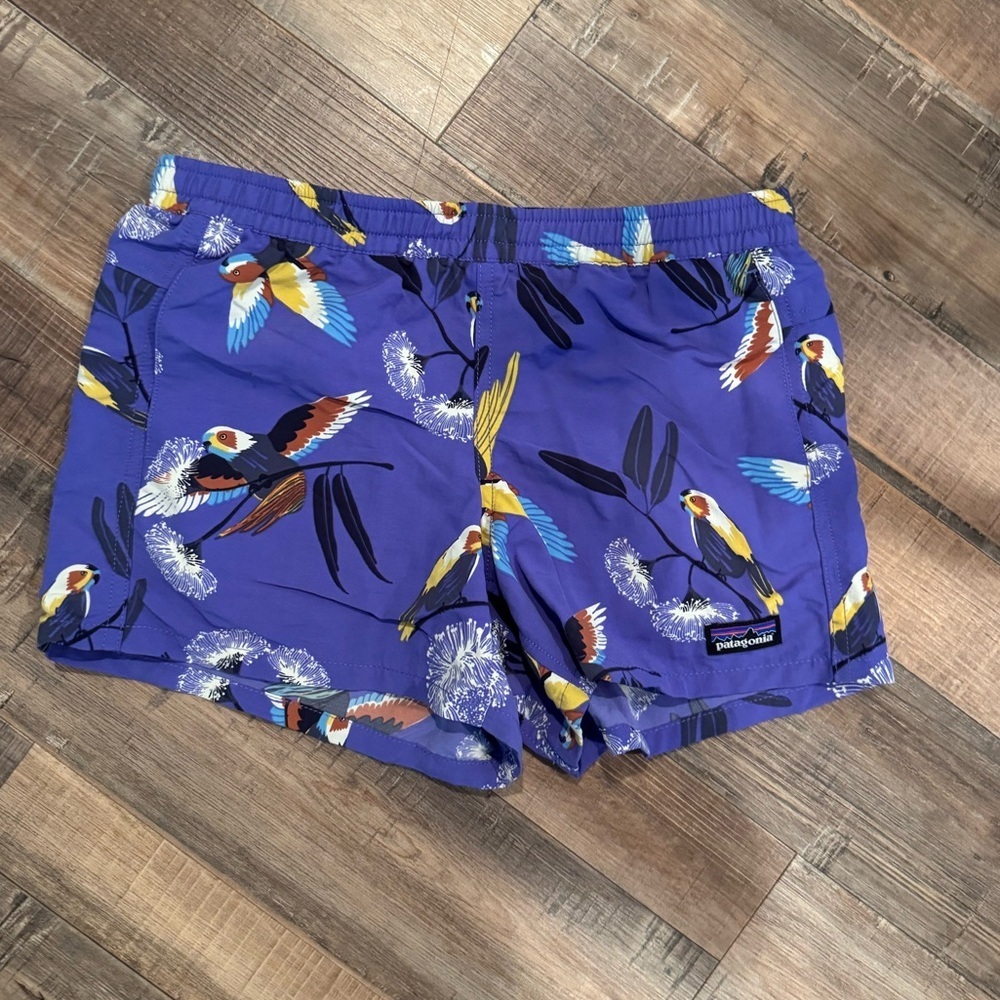 Patagonia Purple Bird Print Baggies Quick Dry Tie Waist Shorts Girls Size Large